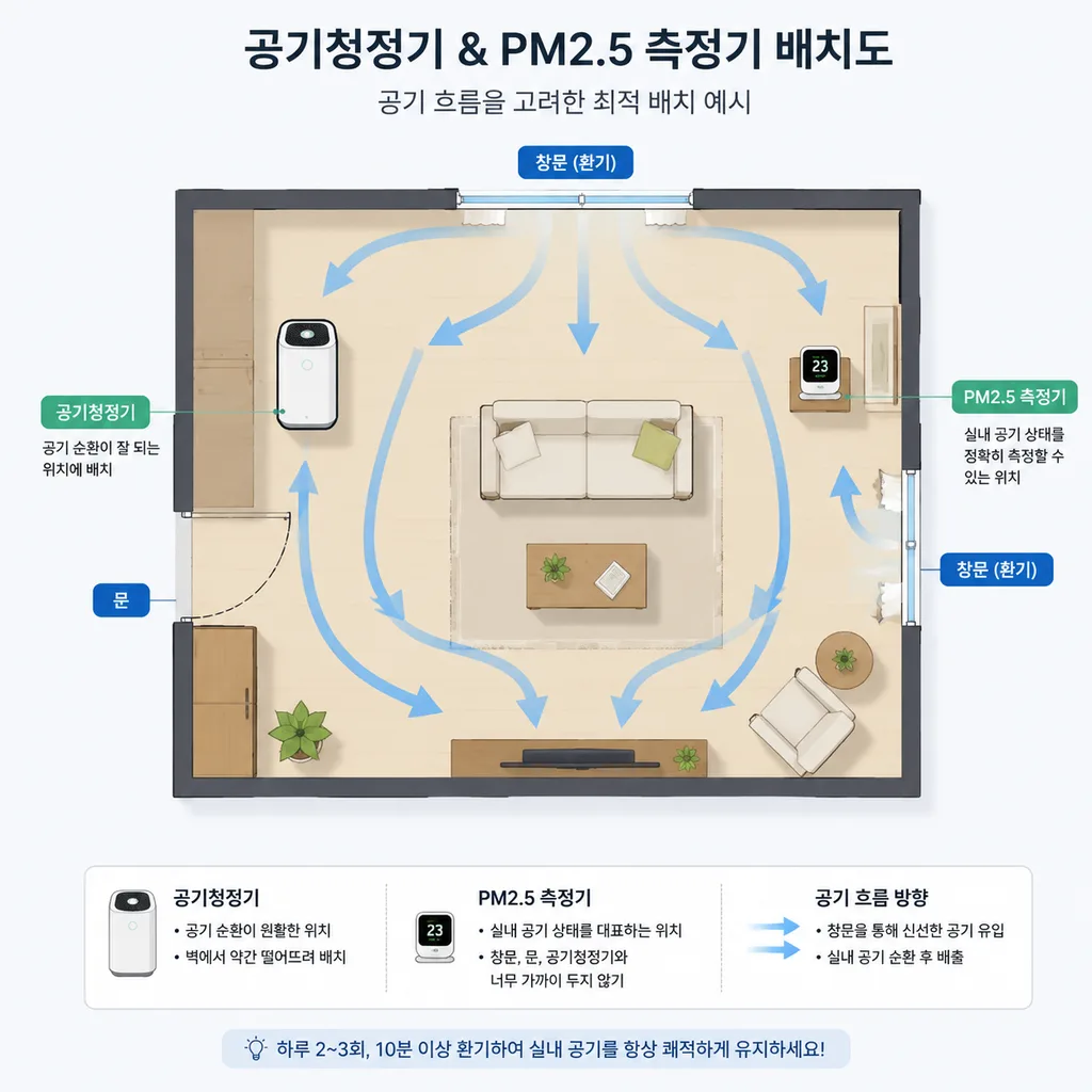 공기청정기 미세먼지 테스트 시 측정기와 공기청정기 배치 예시