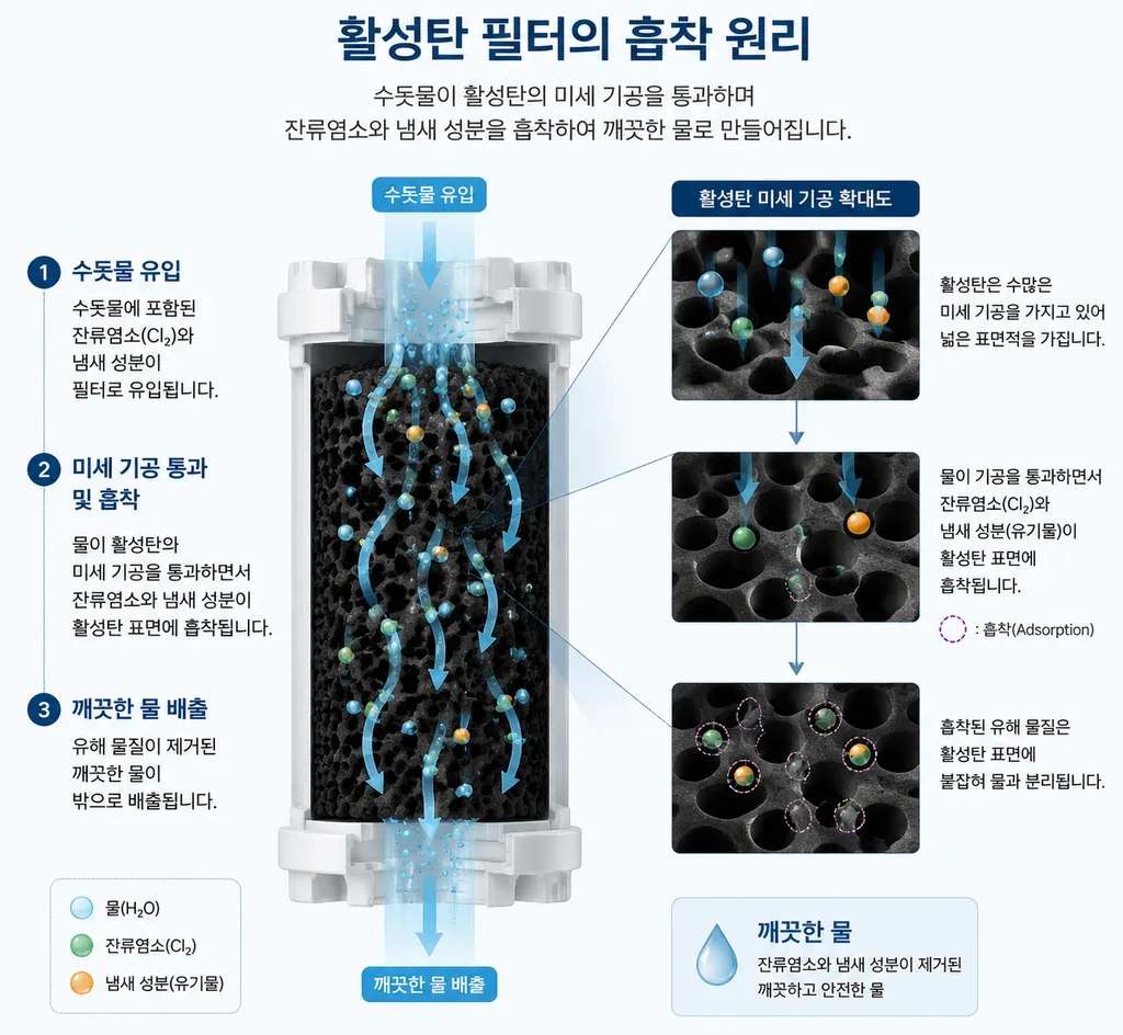 활성탄 필터가 수돗물 잔류염소와 냄새 성분을 줄이는 원리