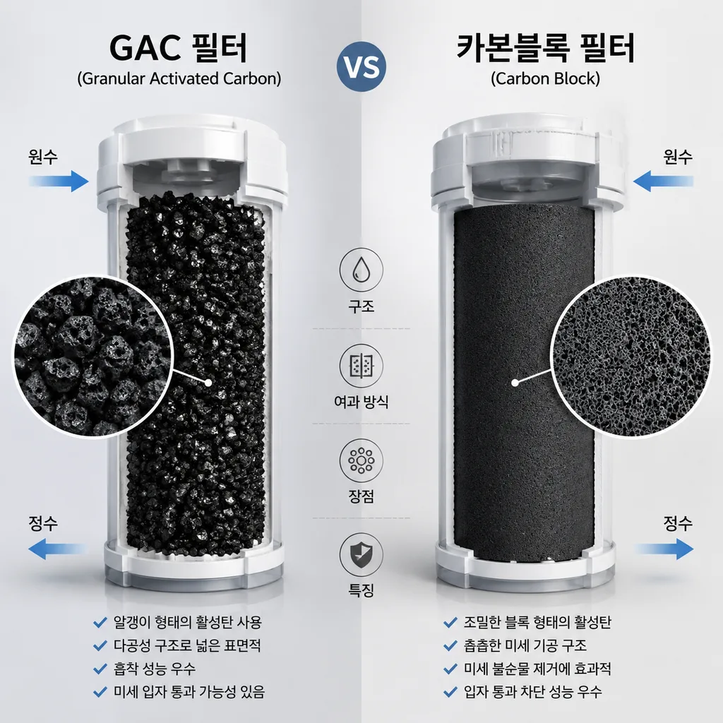 입상활성탄 GAC와 카본블록 필터 구조 차이