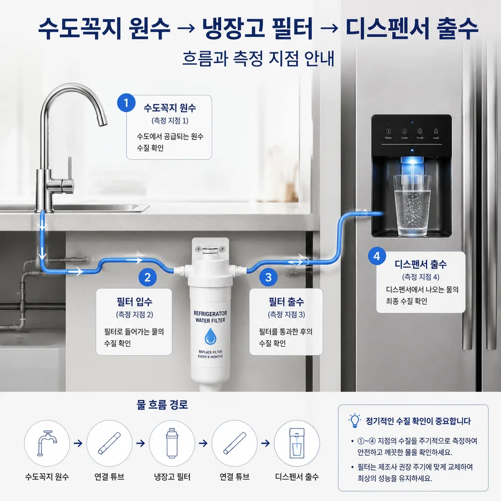 냉장고 필터 원수와 출수 비교 측정 위치