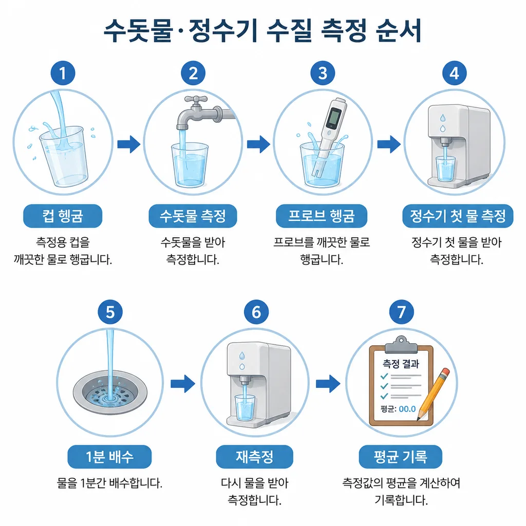 TDS 측정기 사용법 순서를 보여주는 인포그래픽